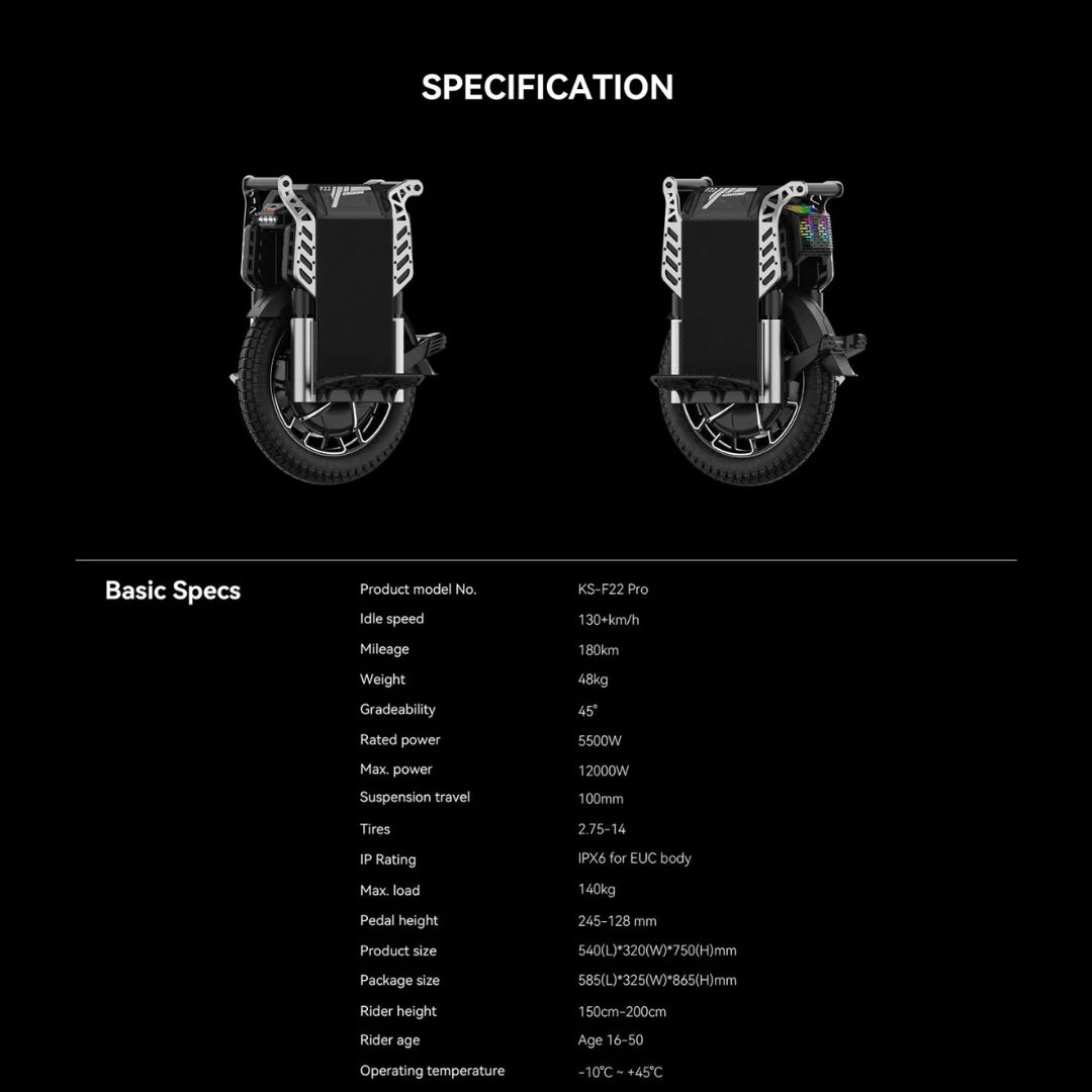 The product in the image is an electric unicycle, model KS-F22 Pro, from the brand KingSong. The image shows the unicycle folded, highlighting its modern and compact design. Its tires and frame are visible, enabling easy portability and storage. Specifications include speeds up to 130 km/h, a range of up to 180 km, and power up to 12000 W, making it suitable for various terrains.