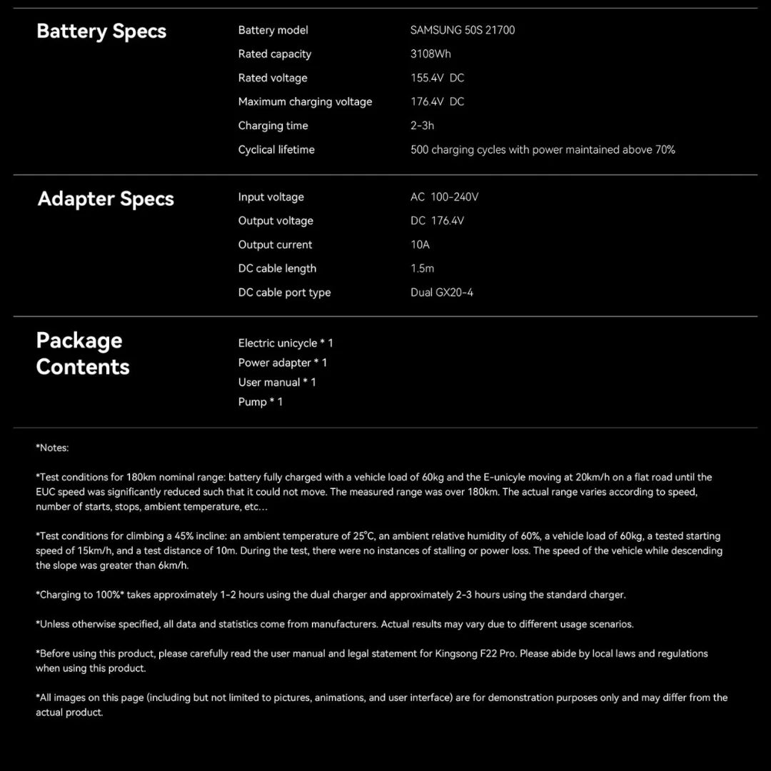 The product is an Electric Unicycle (EUC), brand KingSong, model F22 Pro. The image displays the battery and adapter specifications, as well as the package contents, which include the electric unicycle, power adapter, user manual, and pump. Specifications include battery capacity, voltage, and charging time.
