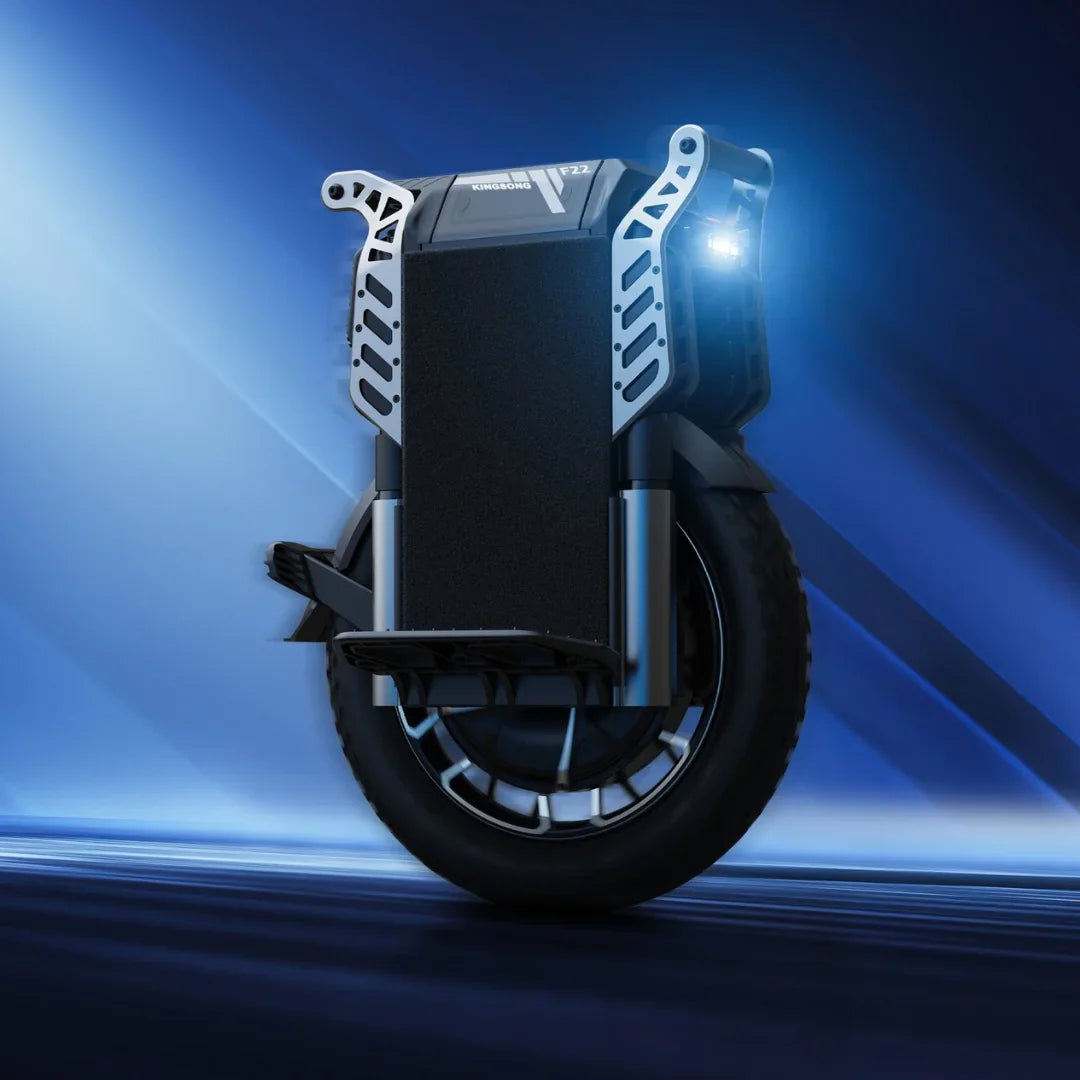 The product pictured is an Electric unicycle (EUC), model Kingsong F22 Pro. The image displays a unicycle with a modern design, featuring a robust wheel and lighting elements. It is equipped with protective side elements and foot platforms, ensuring a comfortable ride. The background is dynamic and modern, highlighting the product's technology and innovation.