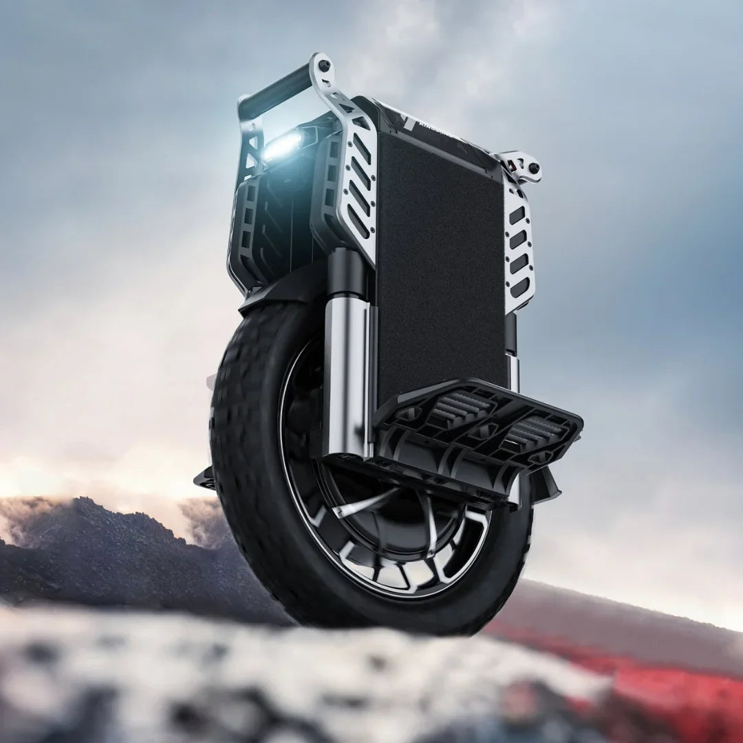 The product in the image is an electric unicycle, model KingSong F22 Pro. The image shows the unicycle in a dynamic environment, with a powerful wheel and robust construction. A headlight is also visible on the front, indicating its usability in various lighting conditions. The design and materials convey a sense of modern technology and durability.