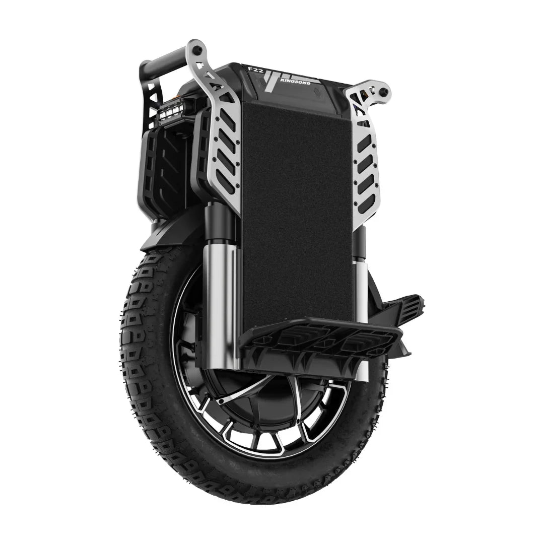 The product pictured is an electric unicycle, model KingSong F22 Pro. The image shows a unicycle with wide tires, a robust construction, and a footboard lined with non-slip material. The design also includes a kickstand and LED lights, indicating both functionality and aesthetic appeal.