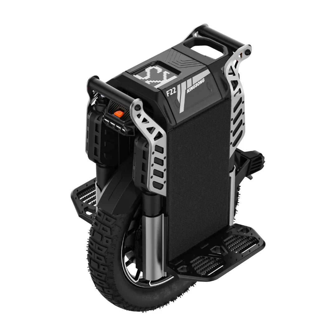 The product in the image is an electric unicycle, model KingSong F22 Pro. The unicycle is shown in an upright position, featuring a black and silver color combination and a robust design. Handles for easier carrying and a wide wheel are also visible, indicating its stability and performance during rides.