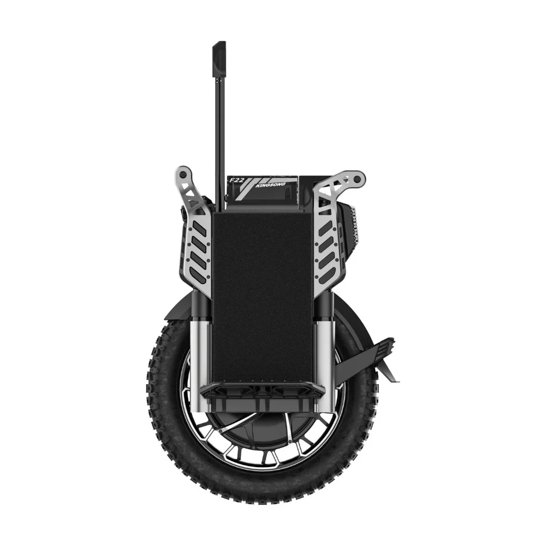 The product in the image is an electric unicycle, model KingSong F22 Pro. The front of the unicycle is visible, featuring a robust wheel with a coarse tread, indicating its suitability for various terrains. The mounts and platform, which provide a comfortable ride and stability, are also visible.