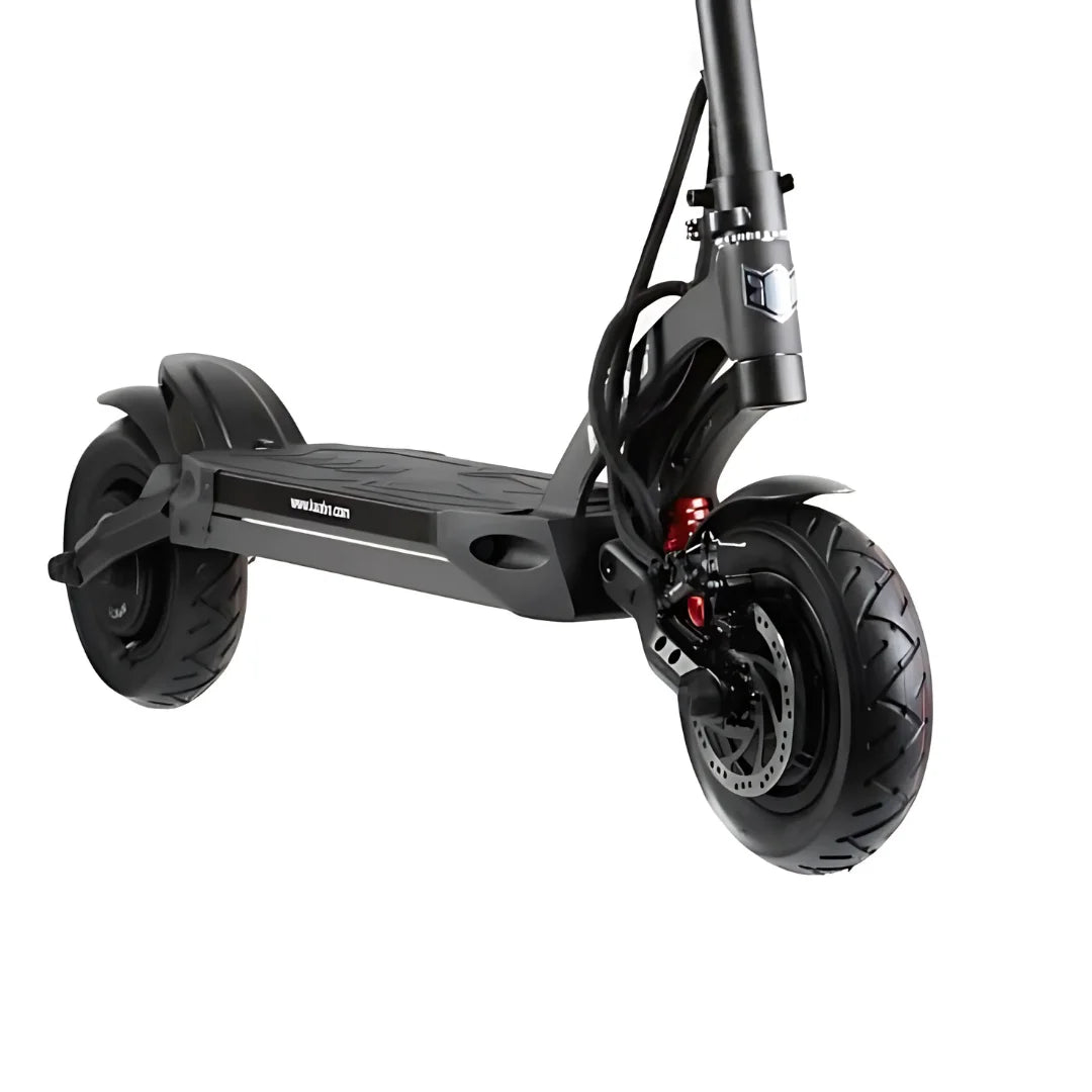 The image shows an electric scooter from the brand Kaabo, model Mantis 10 Plus. The front of the scooter is visible, featuring wide wheels with tires for enhanced stability and grip. Also displayed are the brakes and a section of the frame, designed for a comfortable ride. The scooter's color is dark gray, giving it a modern look.