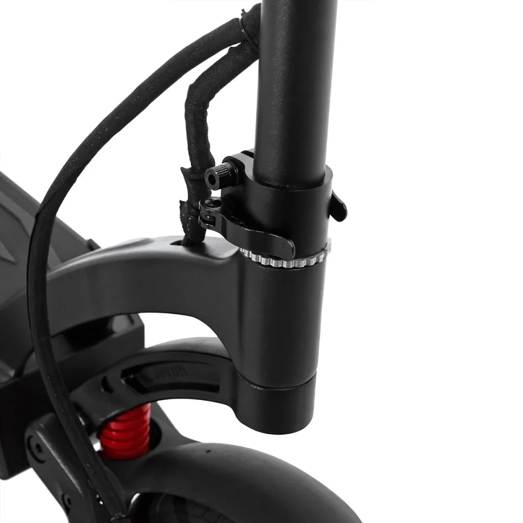The product in the picture is an electric scooter, model Kaabo Mantis 10 Plus. The scooter's construction is visible, including the tightening system that holds the handlebars, and part of the suspension, highlighted in red. The picture also shows parts of the wheel and frame, indicating a robust design suitable for riding on various terrains.