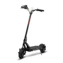 The product in the image is an electric scooter, model Kaabo Mantis 10 Plus. The image shows the scooter in black, featuring a wide deck for standing, robust tires, and an LED light at the front. The handlebars are equipped with comfortable grips and various controls, ensuring easy operation.