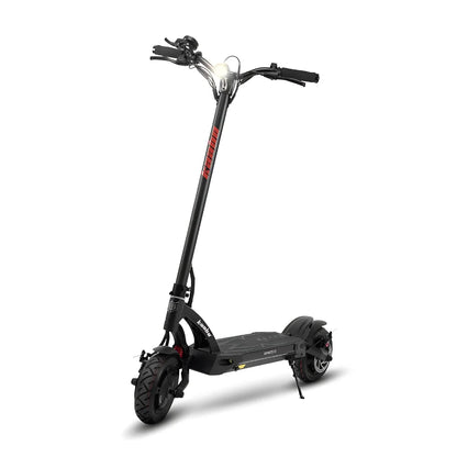 The product in the image is an electric scooter, model Kaabo Mantis 10 Plus. The image shows the scooter in black, featuring a wide deck for standing, robust tires, and an LED light at the front. The handlebars are equipped with comfortable grips and various controls, ensuring easy operation.