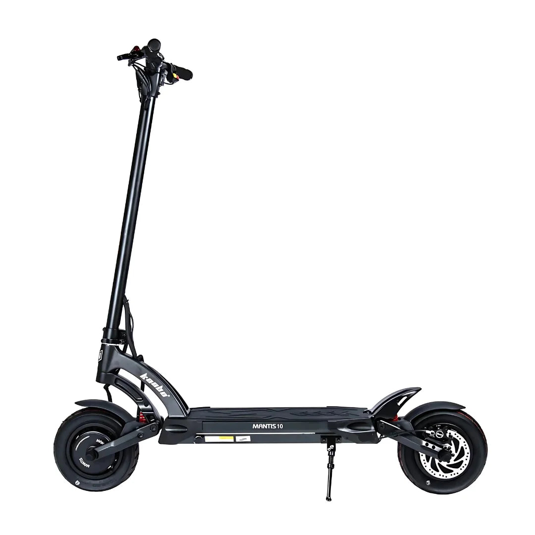 The product is an Electric Scooter, Kaabo brand, Mantis 10 Plus model. The image shows the scooter in black, with a wide deck and a robust design. Large wheels are also visible, indicating good stability and comfort during the ride. The handlebars are equipped with various controls, allowing for easy operation.