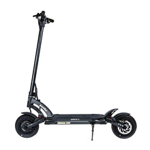 The product is an Electric Scooter, Kaabo brand, Mantis 10 Plus model. The image shows the scooter in black, with a wide deck and a robust design. Large wheels are also visible, indicating good stability and comfort during the ride. The handlebars are equipped with various controls, allowing for easy operation.
