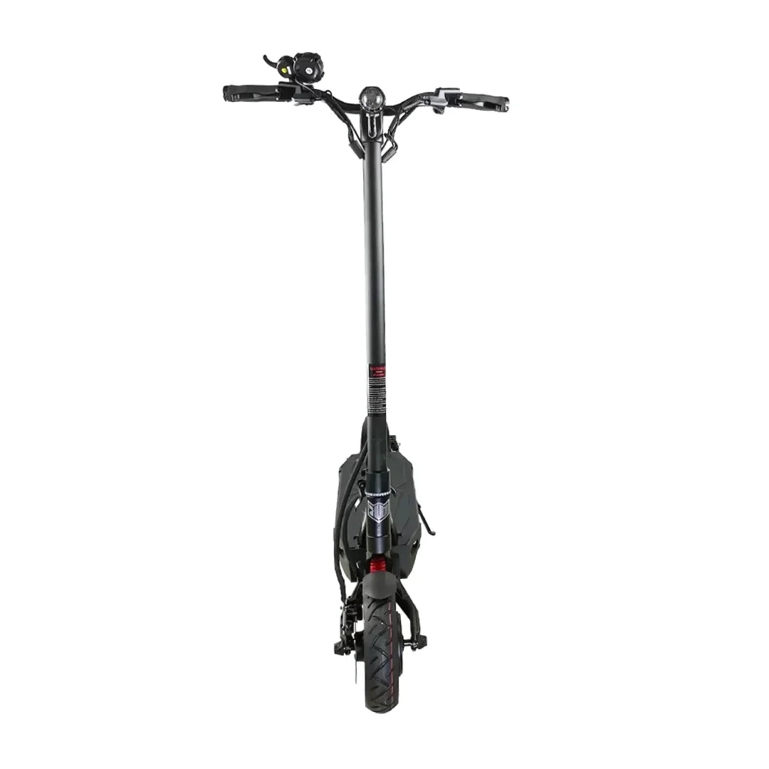 The product is an Electric Scooter, brand Kaabo, model Mantis 10 Plus. The image shows the front part of the scooter, including the handlebars, control levers, and front wheel. The scooter's color is dark, and the material appears robust, indicating good durability. A light is also visible on the handlebars, which is typical for electric scooters.