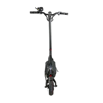 The product is an Electric Scooter, brand Kaabo, model Mantis 10 Plus. The image shows the front part of the scooter, including the handlebars, control levers, and front wheel. The scooter's color is dark, and the material appears robust, indicating good durability. A light is also visible on the handlebars, which is typical for electric scooters.