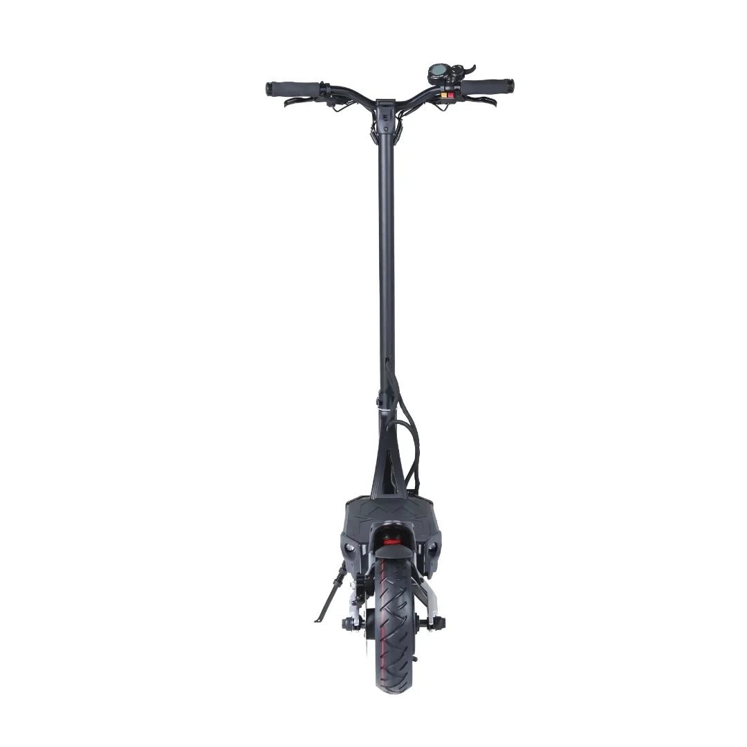 The product is an Electric Scooter, brand Kaabo, model Mantis 10 Plus. The image shows the rear of the scooter, which features a wide rear wheel and robust construction. The handlebars with grips and a display on the control panel are also visible, indicating functionality and comfort during the ride.