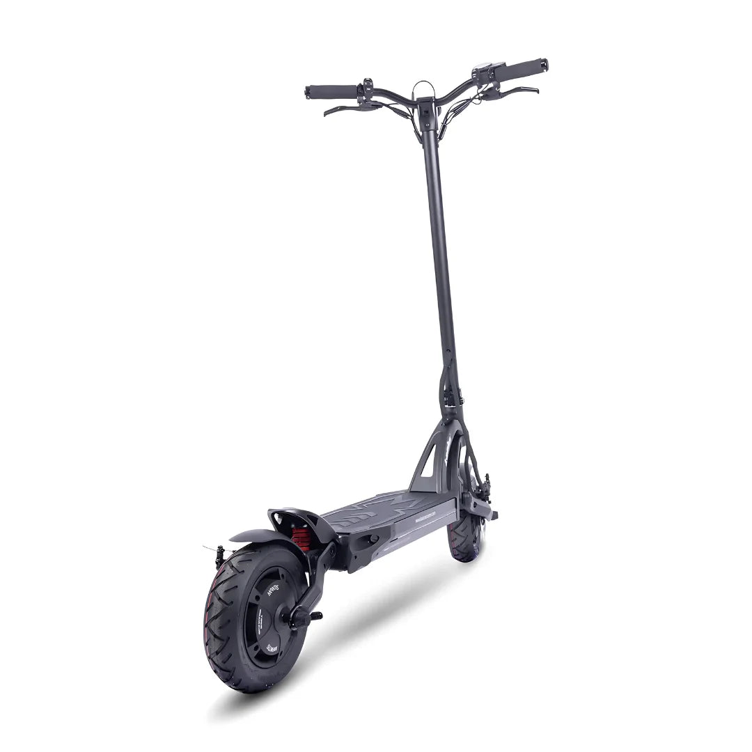The product is an Electric Scooter, brand Kaabo, model Mantis 10 Plus. The image shows the scooter in black, with ergonomic handles, a wide deck for standing, and robust tires, indicating its performance and stability during rides.
