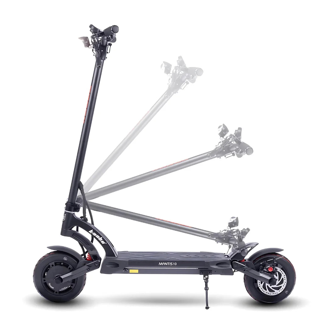 The product is an Electric Scooter, brand Kaabo, model Mantis 10 Plus. The image displays the scooter from a side perspective, showcasing its sleek design and robust construction. The folding capability is also visible, allowing for easy transport and storage. Handlebars and lights are mounted on the front, further emphasizing functionality and safety during rides.