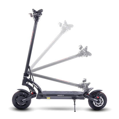 The product is an Electric Scooter, brand Kaabo, model Mantis 10 Plus. The image displays the scooter from a side perspective, showcasing its sleek design and robust construction. The folding capability is also visible, allowing for easy transport and storage. Handlebars and lights are mounted on the front, further emphasizing functionality and safety during rides.