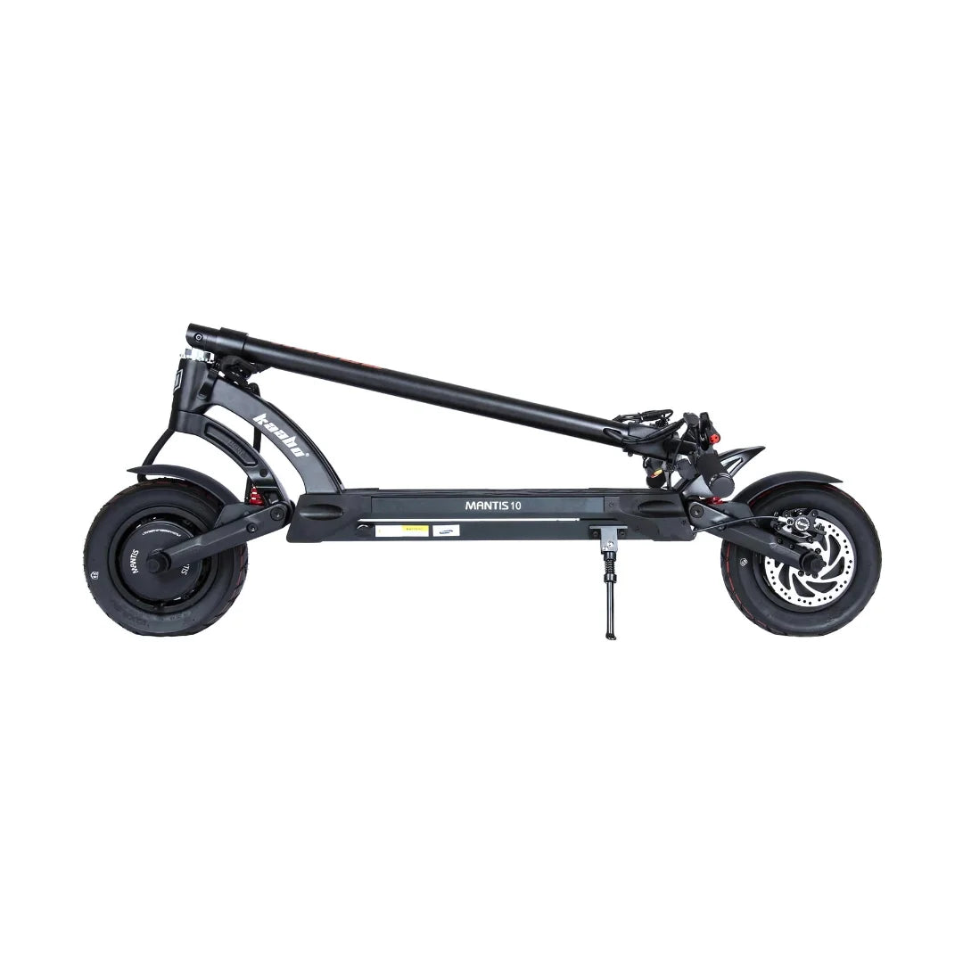 The product in the image is an Electric Scooter, brand Kaabo, model Mantis 10 Plus. The scooter is shown in its folded state, which allows for easy transport and storage. Details such as the wheels, braking system, and frame are also visible, indicating a robust design intended for urban riding.