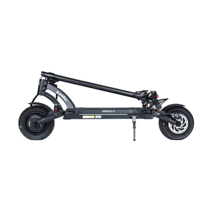 The product in the image is an Electric Scooter, brand Kaabo, model Mantis 10 Plus. The scooter is shown in its folded state, which allows for easy transport and storage. Details such as the wheels, braking system, and frame are also visible, indicating a robust design intended for urban riding.
