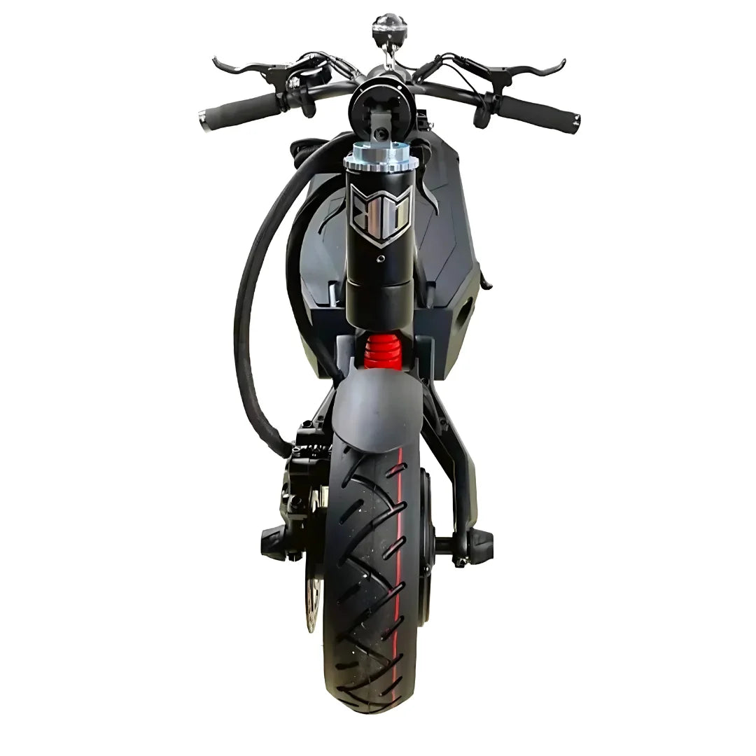 The product is an Electric Scooter, brand Kaabo, model Mantis 10 Plus. The image shows the front part of the scooter, which includes the handlebars, shock absorber, and a wide rear wheel with a distinct tread. The scooter's color is black, with red details on the shock absorber, giving it a sporty look.