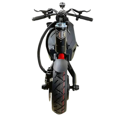 The product is an Electric Scooter, brand Kaabo, model Mantis 10 Plus. The image shows the front part of the scooter, which includes the handlebars, shock absorber, and a wide rear wheel with a distinct tread. The scooter's color is black, with red details on the shock absorber, giving it a sporty look.