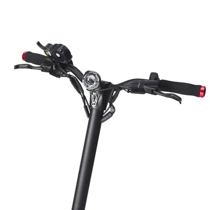 The product is an Electric Scooter, Kaabo brand, Mantis 10 Plus model. The image shows the scooter's handlebars with grips, a light on the front, and various control elements that allow for vehicle operation. The color combination is predominantly black, giving the scooter a modern look.