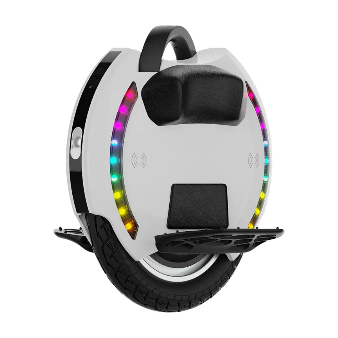 The product is an Electric unicycle, KingSong brand, model 14D. The image shows a unicycle with a sleek white surface, featuring integrated multi-colored LED lights on the front. A black comfort pad and a wide tire are also visible, enabling a stable ride.
