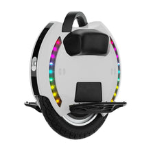 The product is an Electric unicycle, KingSong brand, model 14D. The image shows a unicycle with a sleek white surface, featuring integrated multi-colored LED lights on the front. A black comfort pad and a wide tire are also visible, enabling a stable ride.