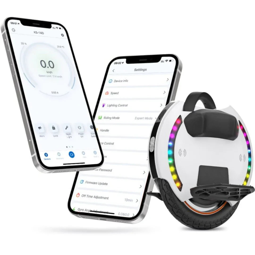 The product is an electric unicycle, brand KingSong, model 14D. The image shows a unicycle with LED lights on the front and two smart devices displaying the vehicle control app. The app allows you to adjust speed, lighting, and other functions, making it easy to customize your ride.