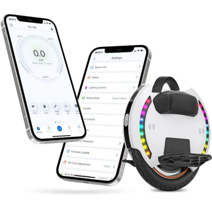 The product is an electric unicycle, brand KingSong, model 14D. The image shows a unicycle with LED lights on the front and two smart devices displaying the vehicle control app. The app allows you to adjust speed, lighting, and other functions, making it easy to customize your ride.