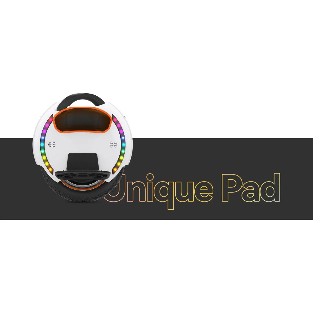 The product is an electric unicycle, brand KingSong, model 14D. The image shows the unicycle with a white surface and colorful LED lights along the edge. It features a comfortable seat and footrests, allowing for easier handling and riding.