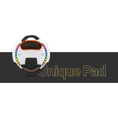 The product is an electric unicycle, brand KingSong, model 14D. The image shows the unicycle with a white surface and colorful LED lights along the edge. It features a comfortable seat and footrests, allowing for easier handling and riding.