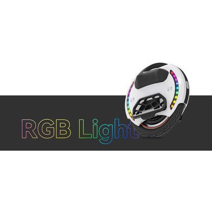 The product is an electric unicycle, brand KingSong, model 14D. The image shows the unicycle in white, equipped with RGB lights along the edge, adding to its aesthetic appeal. The tire and part of the frame, which allows for comfortable handling during riding, are also visible.