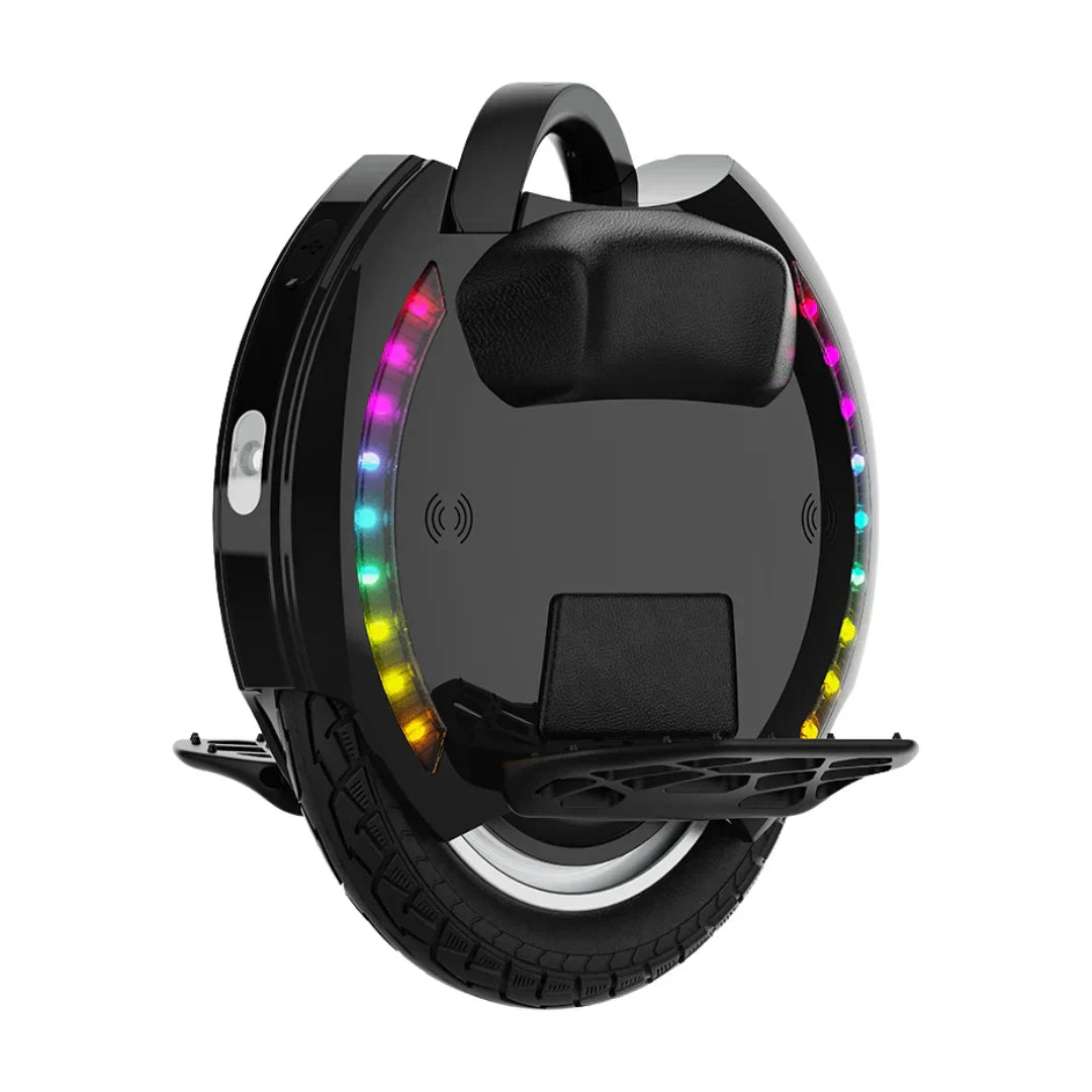 The image shows an electric unicycle, model KingSong 14D. The product features a single-wheel system and is designed for easy riding. A black surface is visible with a comfortable seat and LED lights surrounding the wheel, giving it a modern look. The wheel also has a protective rim and a robust tire profile, which allows for better stability during riding.