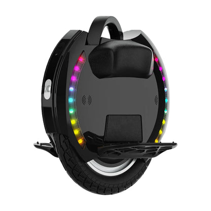 The image shows an electric unicycle, model KingSong 14D. The product features a single-wheel system and is designed for easy riding. A black surface is visible with a comfortable seat and LED lights surrounding the wheel, giving it a modern look. The wheel also has a protective rim and a robust tire profile, which allows for better stability during riding.