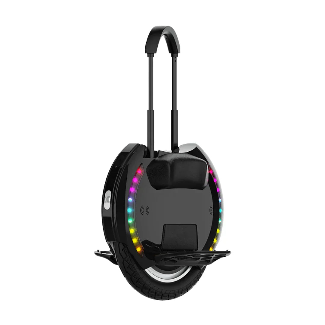 The product shown is an electric unicycle, brand KingSong, model 14D. A round construction with a single wheel is visible, featuring built-in LED lighting in various colors on the front. Handles are at the top for easy portability, and a tire for riding is visible at the bottom. The overall design is elegant and modern, conveying a sense of innovation and product functionality.