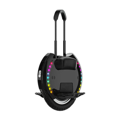 The product shown is an electric unicycle, brand KingSong, model 14D. A round construction with a single wheel is visible, featuring built-in LED lighting in various colors on the front. Handles are at the top for easy portability, and a tire for riding is visible at the bottom. The overall design is elegant and modern, conveying a sense of innovation and product functionality.