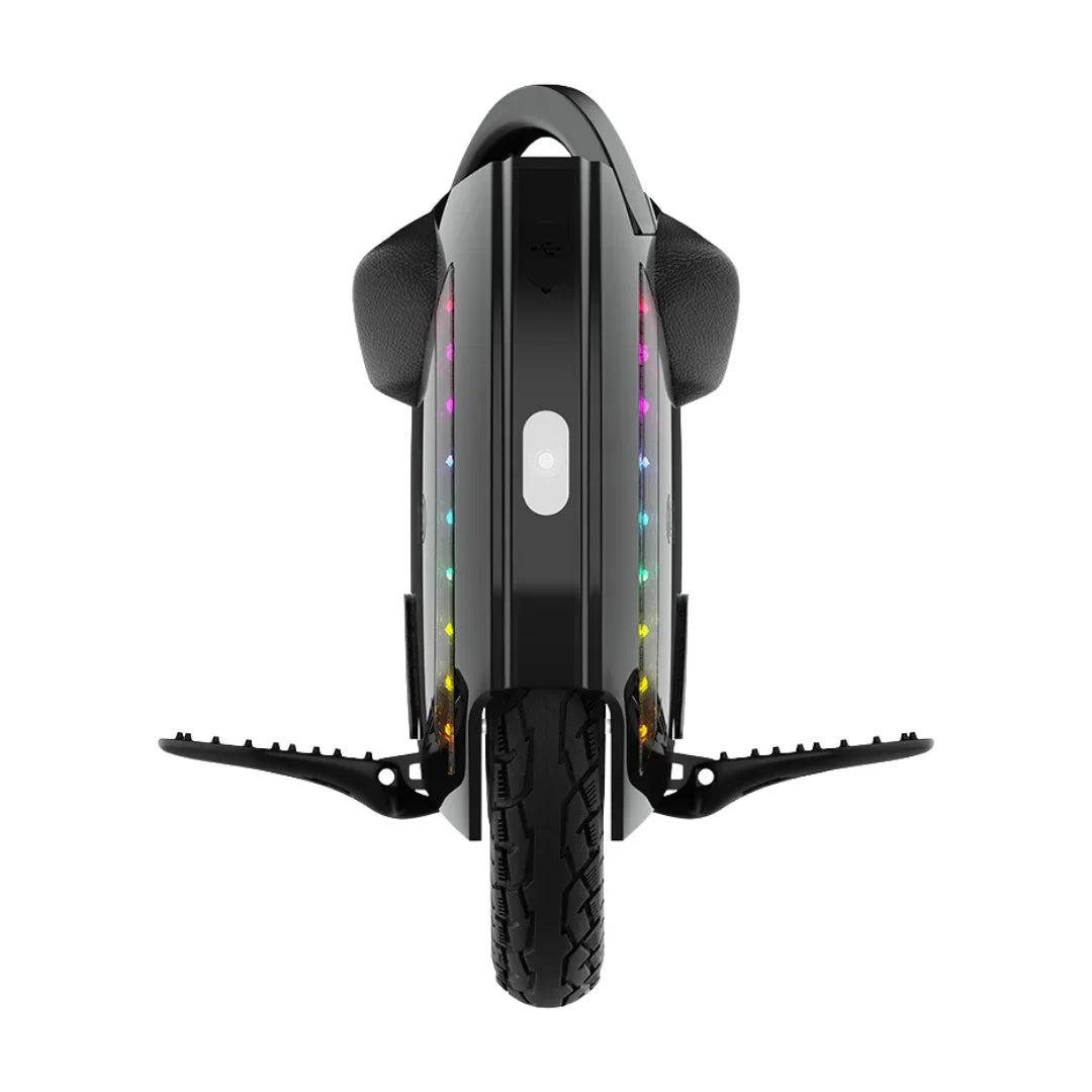 The product is an electric unicycle, KingSong brand, model 14D. The image shows the top side of the unicycle, which has a black casing with colored LED lights on the sides and a wide tire, indicating stability and comfort during the ride. Foot pedals for user support while riding are also visible.