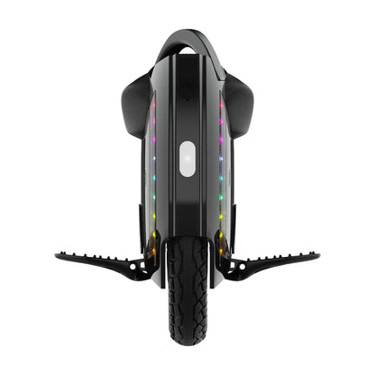 The product is an electric unicycle, KingSong brand, model 14D. The image shows the top side of the unicycle, which has a black casing with colored LED lights on the sides and a wide tire, indicating stability and comfort during the ride. Foot pedals for user support while riding are also visible.