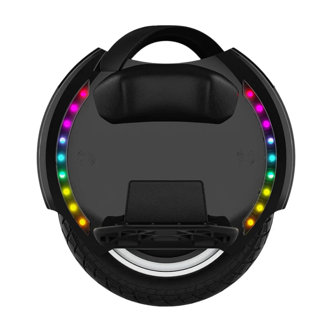The product is an electric unicycle, brand KingSong, model 14D. The image shows the top side of the unicycle, which has an ergonomically designed carrying handle. Along the edge of the device are LED light strips that add to its aesthetic appeal, while the wide tire is also visible, indicating stability and comfort during the ride.