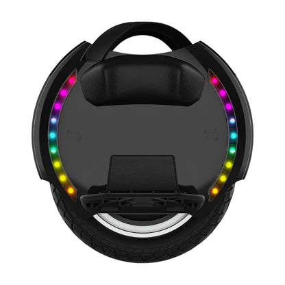 The product is an electric unicycle, brand KingSong, model 14D. The image shows the top side of the unicycle, which has an ergonomically designed carrying handle. Along the edge of the device are LED light strips that add to its aesthetic appeal, while the wide tire is also visible, indicating stability and comfort during the ride.