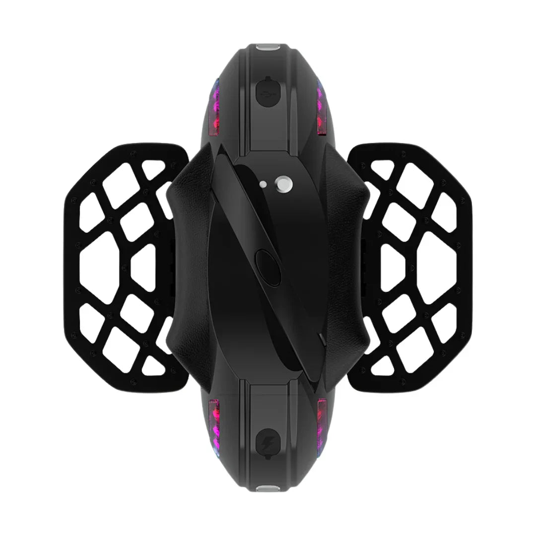 The product is an Electric unicycle, Kingsong brand, model 14D. The image shows the top side of the unicycle, featuring a sleek black design. It's equipped with LED lights and footrests for a comfortable ride. Control buttons and indicators are also visible, suggesting functionality and modern technology.