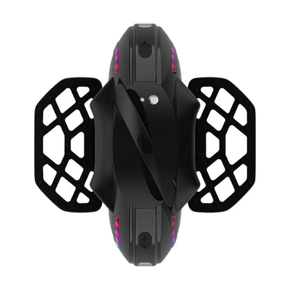 The product is an Electric unicycle, Kingsong brand, model 14D. The image shows the top side of the unicycle, featuring a sleek black design. It's equipped with LED lights and footrests for a comfortable ride. Control buttons and indicators are also visible, suggesting functionality and modern technology.