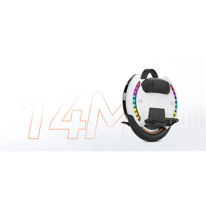 The product shown is an Electric Unicycle, KingSong brand, model 14D. The image displays the device in white with luminous LED lights along the edge, giving it a modern look. The foot platform and carrying handle are also visible. The unicycle is designed for easy riding and mobility.
