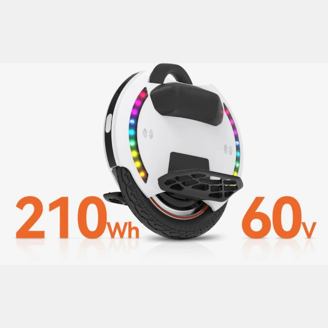 The product in the image is an electric unicycle, model KingSong 14D. The image shows a white single-wheel device with light elements along the edge and a comfortable handle at the top. Also visible are specifications, which include a battery capacity of 210 Wh and a voltage of 60 V. The device is designed for easy riding and mobility.