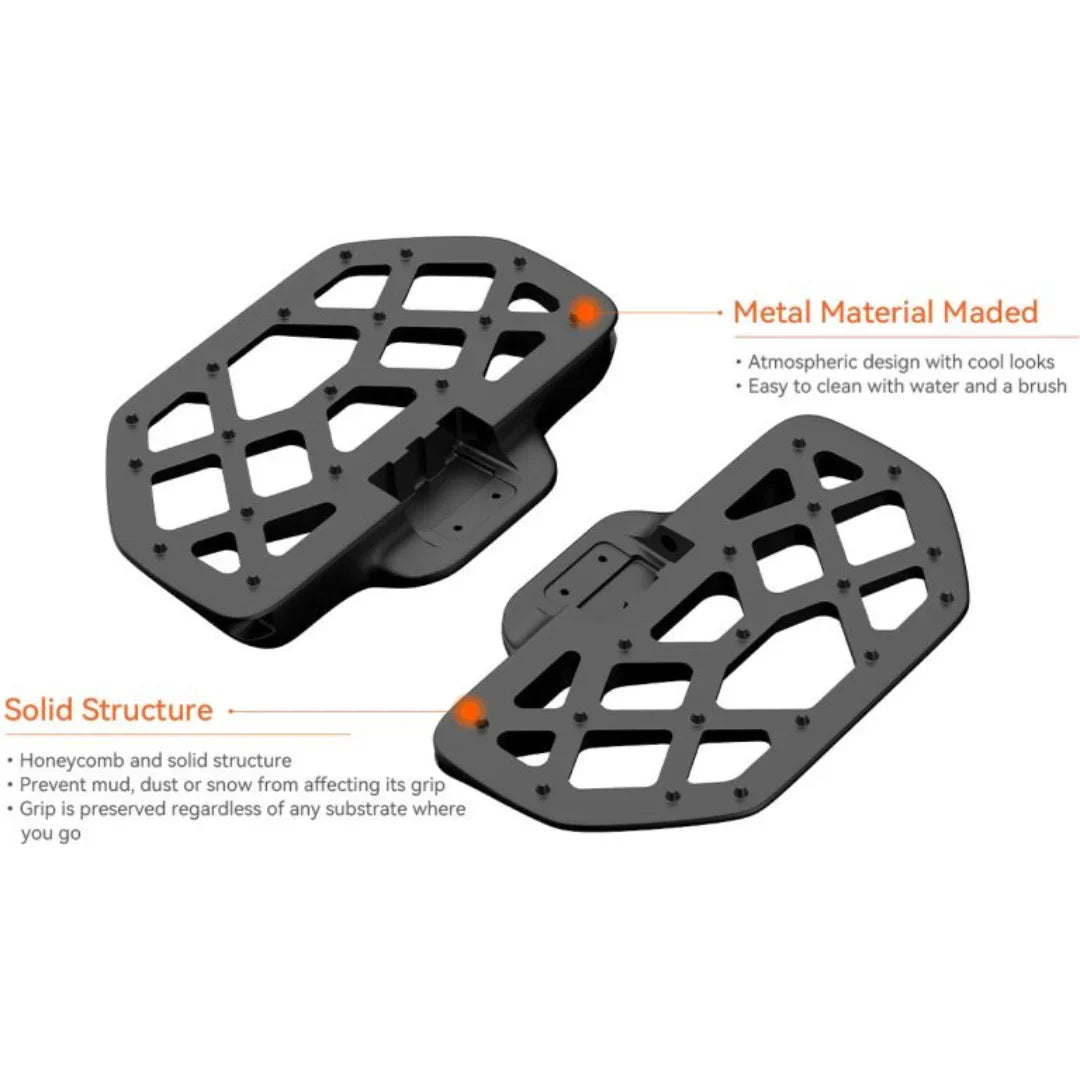The product pictured is an accessory for the KingSong 16S electric unicycle. The image displays foot platforms made from metallic material with a design that provides excellent grip. Their structure is robust and designed to prevent slipping on various surfaces, ensuring stability during rides. The accessory is easy to clean.