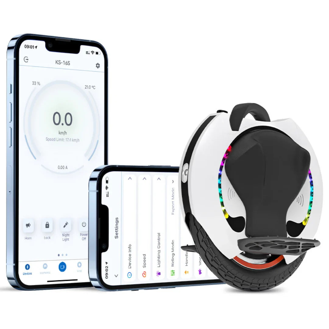 The product is an electric unicycle, the brand is Kingsong, and the model is 16S. The image shows the unicycle with its distinctive wheel and handle, alongside two smartphones displaying the control and settings application for the device. The screen shows speed, temperature information, and other functions.