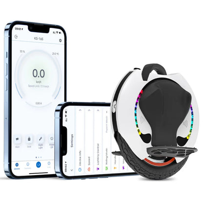 The product is an electric unicycle, the brand is Kingsong, and the model is 16S. The image shows the unicycle with its distinctive wheel and handle, alongside two smartphones displaying the control and settings application for the device. The screen shows speed, temperature information, and other functions.