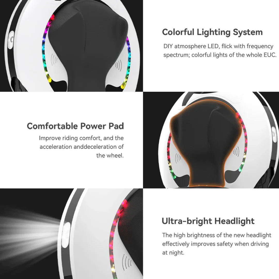 The product is an Electric unicycle, Kingsong brand, model 16S. The image shows various features, including a colorful lighting system, comfortable riding power, and an ultra-bright front light that improves safety when riding at night. Lighting and comfort are highlighted as key product features.