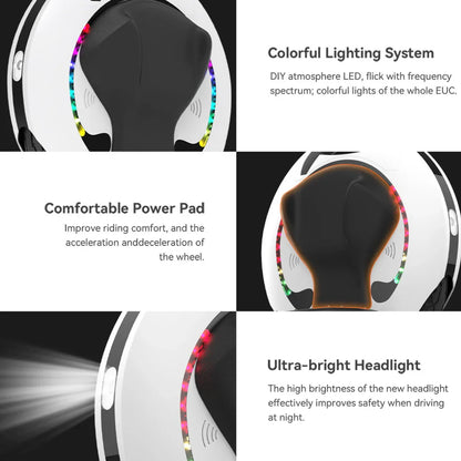 The product is an Electric unicycle, Kingsong brand, model 16S. The image shows various features, including a colorful lighting system, comfortable riding power, and an ultra-bright front light that improves safety when riding at night. Lighting and comfort are highlighted as key product features.