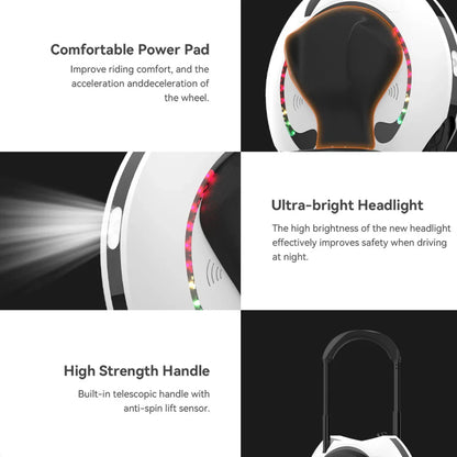 The product is an electric unicycle, brand KingSong, model 16S. The image shows various functionalities of the unicycle, including comfortable pedal power, an ultra-bright front light for enhanced safety when riding at night, and a high-strength built-in handle for easy portability.