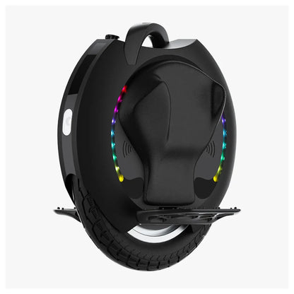 The product is an Electric unicycle (EUC), Kingsong brand, model 16S. The image shows a unicycle with a single wheel, a black casing, and a comfortable seat. It is equipped with LED lights arranged around the wheel, adding extra aesthetic value. A foot pedal for easier ascent and descent is also visible.